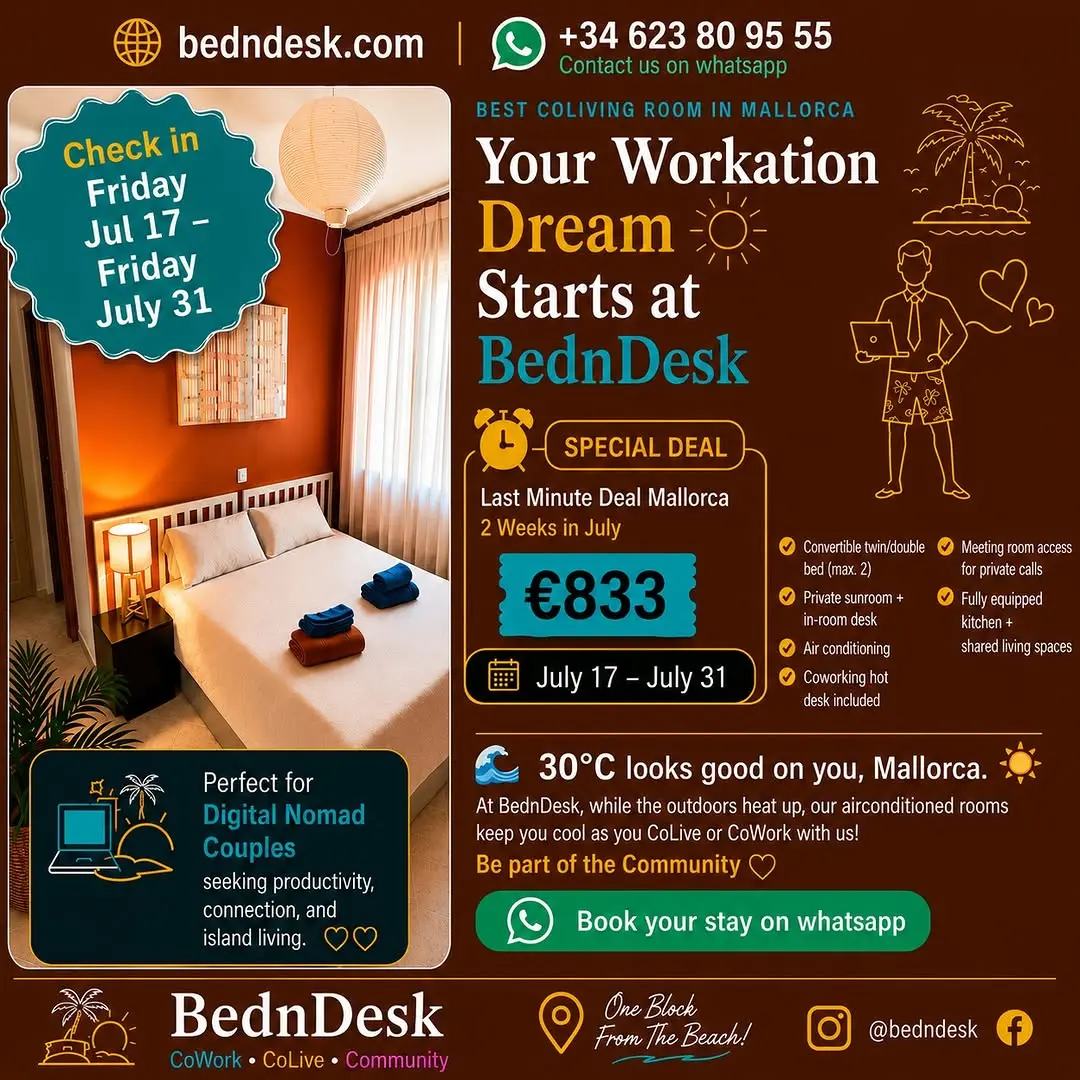 📩 Book your stay: http://www.bedndesk.com
📞 WhatsApp: +34 623 80 95 55

Escape to island living with BednDesk,Mallorca's