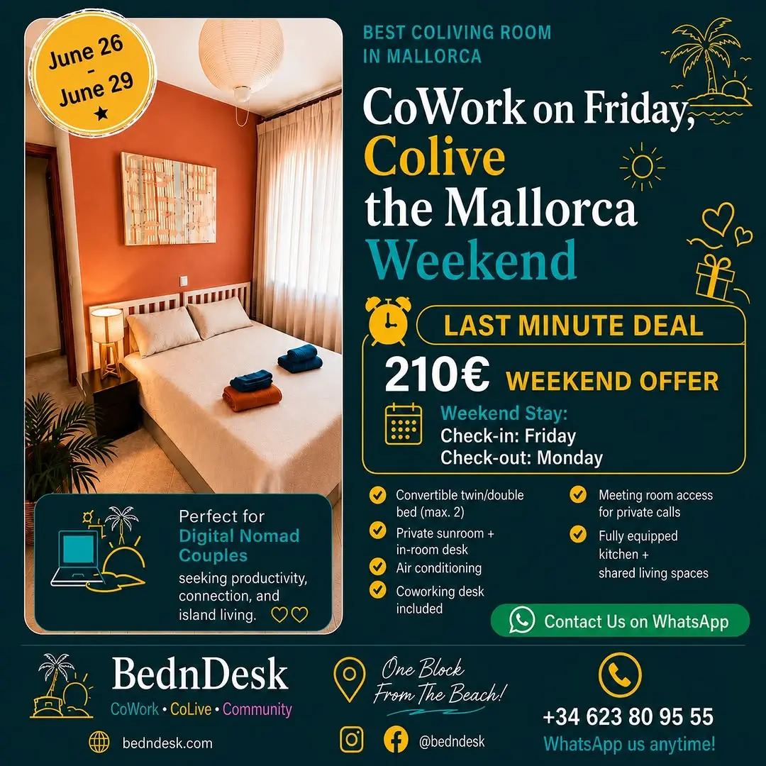 📩 Book your stay: http://www.bedndesk.com
📞 WhatsApp: +34 623 80 95 55

Escape to island living with BednDesk,Mallorca's