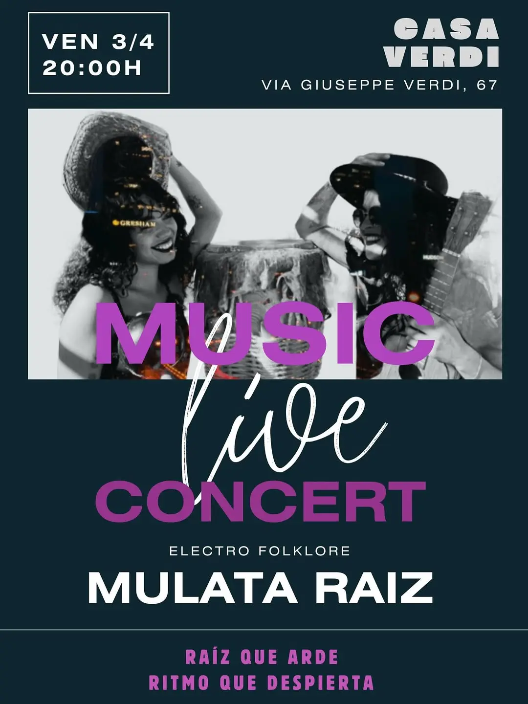 Il 3 Aprile vi aspettiamo a Casa Verdi dalle 20:00 per condividere insieme una serata di electro folklore

Mulata Raíz è