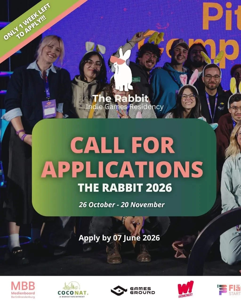 🐰 One week left to apply to The Rabbit Indie Games Residency 2026!

15 indie devs. 4 weeks in Brandenburg at COCONAT!. F