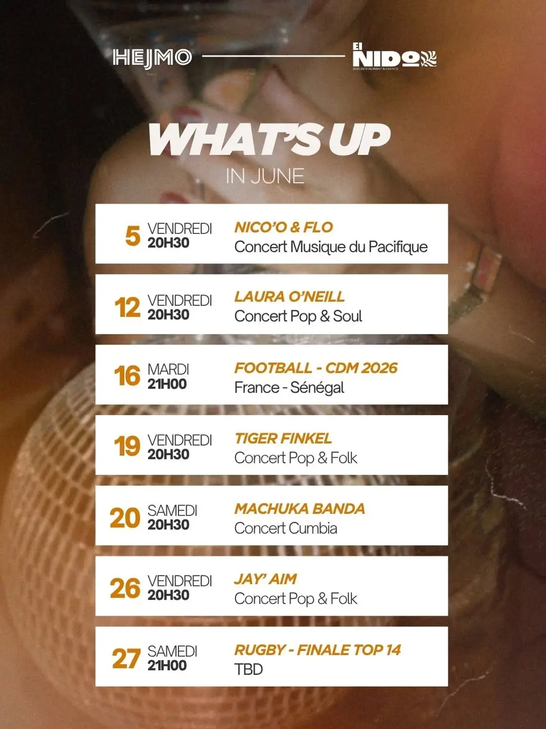 📆 WHAT’S UP IN JUNE @ EL NIDO

Chez EL NIDO (bar restaurant au sein de HEJMO Hostel)

Un mois de juin entre concerts liv