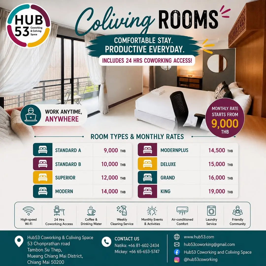 🏡 Looking for a comfortable place to stay and work in Chiang Mai?

Welcome to Hub53 Coworking & Coliving Space — where a
