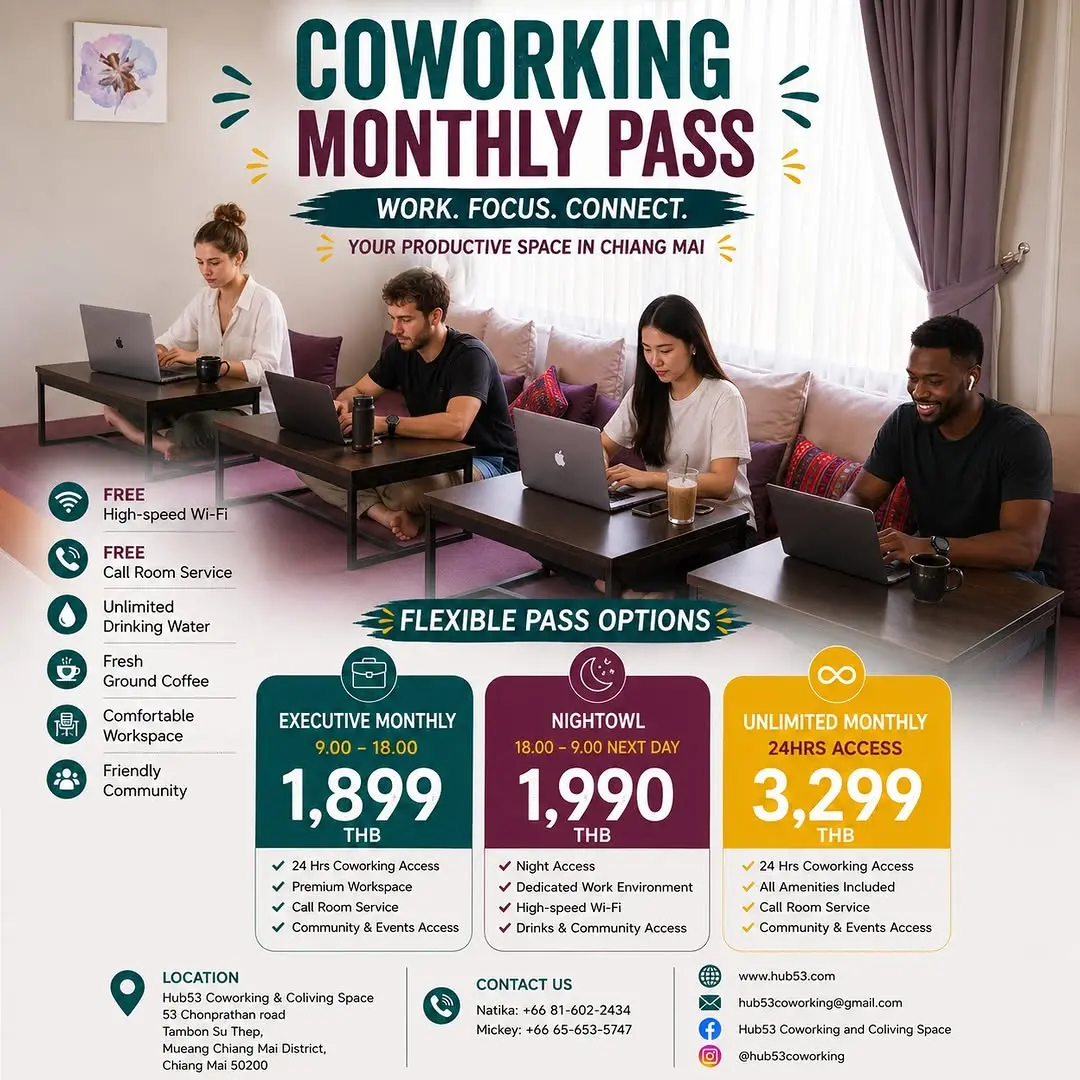 Looking for a coworking space in Chiang Mai?

Hub53 Coworking & Coliving Space now offers flexible Monthly Passes for re